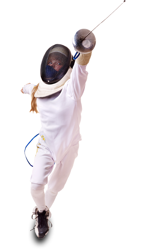A youth fencer lunges with her epee