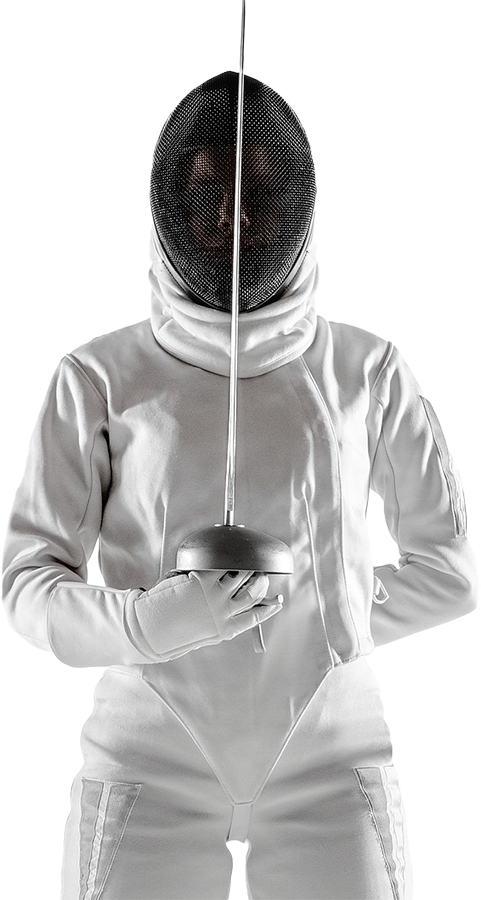 A Woman In Fencing Gear Holds An Epee In Front Of Her Fencing Mask