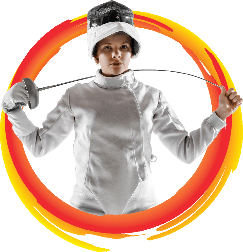 An Epeeist Blended With The Kaizen Academy Fencing School Logo